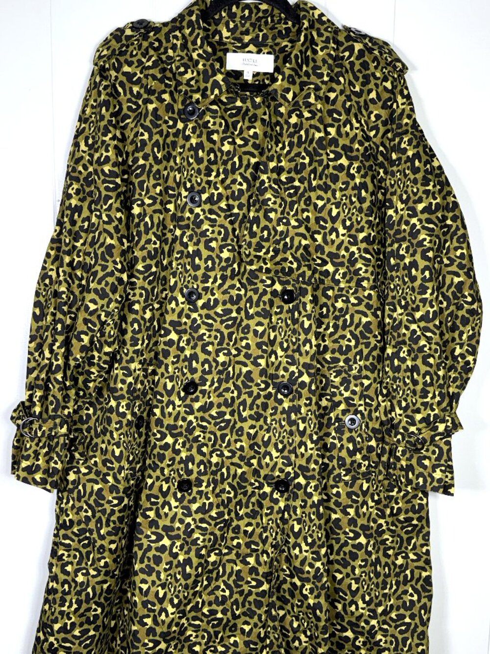 Textile Elizabeth James Green Black Leopard Animal Print Trench Coat Jacket XL